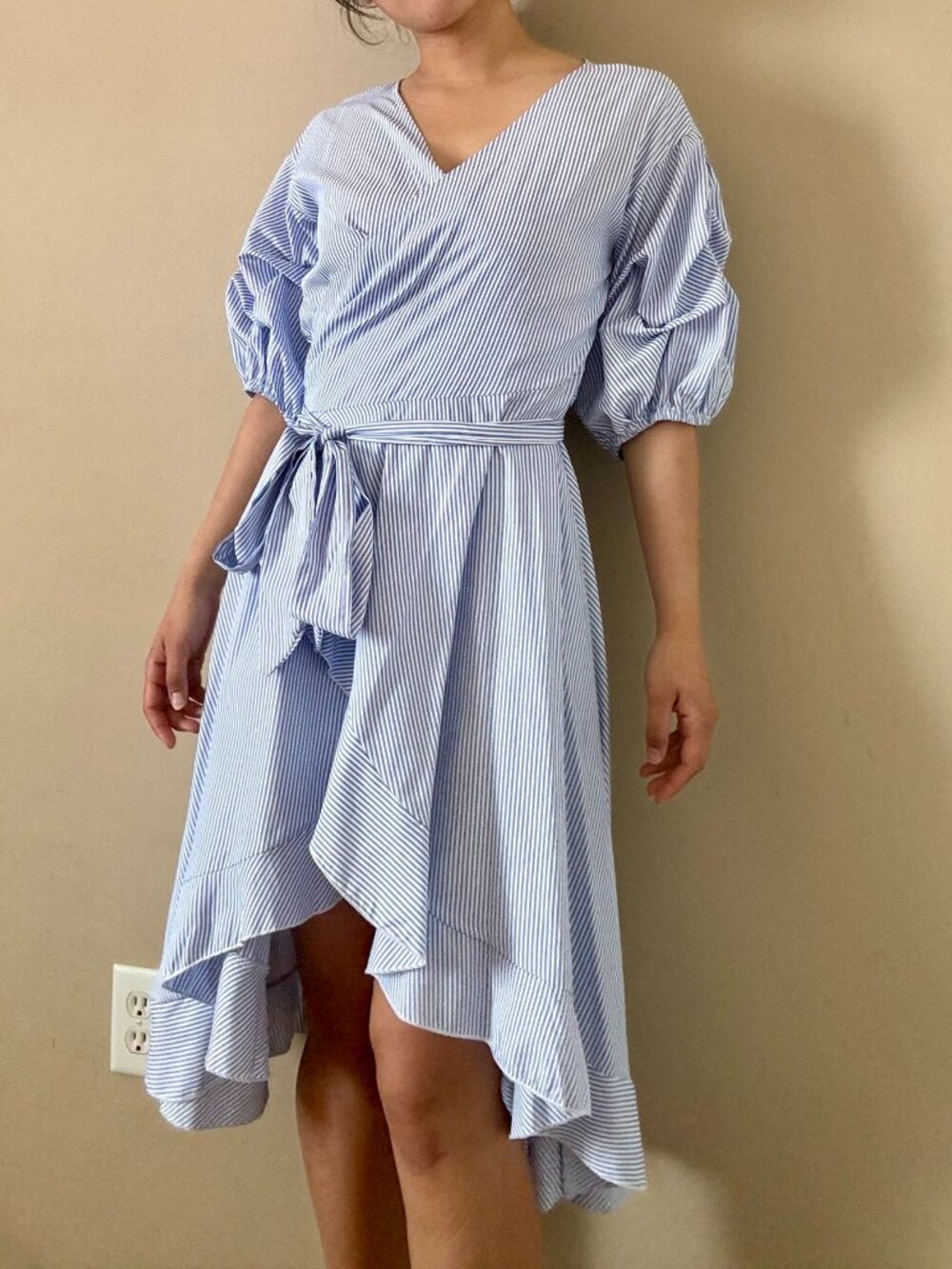 Blue White Pinstriped Wrap Ruffle Summer Spring Romantic High Low Dress
